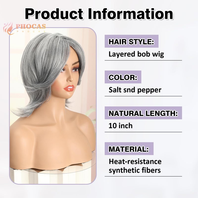 PHOCAS Grey Short Bob Wig Synthetic Layered Silver Gray Wigs with Wavy End Realistic Salt and Pepper Wigs for Women Natural Middle Part Wolf Cut Wig for Daily Use - 10" shoulder length - Image 3